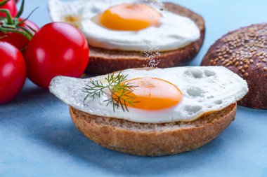 Ev yapımı, kızarmış tavuk yumurtası ile buns baharatlar ve tuz ile mavi bir arka plan üzerinde bir kahvaltıda serpilir. Protein yiyecek. Yumurta sandviç