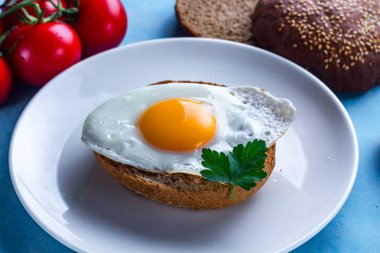 Sağlıklı bir kahvaltı için maydanoz ve susam topuz ile bir plaka üzerinde ev yapımı, taze, kızarmış tavuk yumurtası. Protein yemeği. Yumurta sandviçler. 