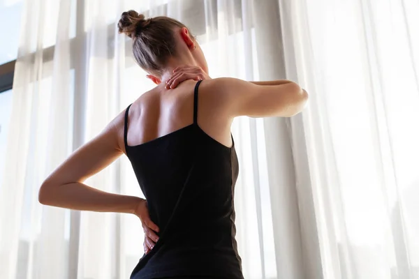 Young Woman Suffering Neck Pain Backache Stretching Muscles Home Back — Stock Photo, Image