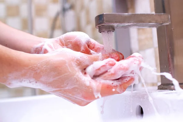 Hand Hygiene Person Bathroom Cleaning Washing Hands Using Soap Foam — Stock Photo, Image