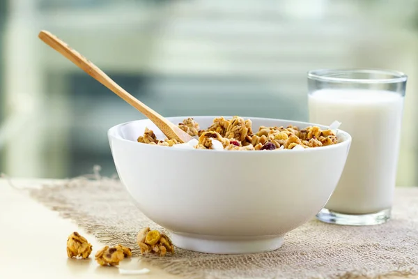 Dry Breakfast Cereals Crunchy Honey Granola Bowl Flax Seeds Cranberries — Stock Photo, Image