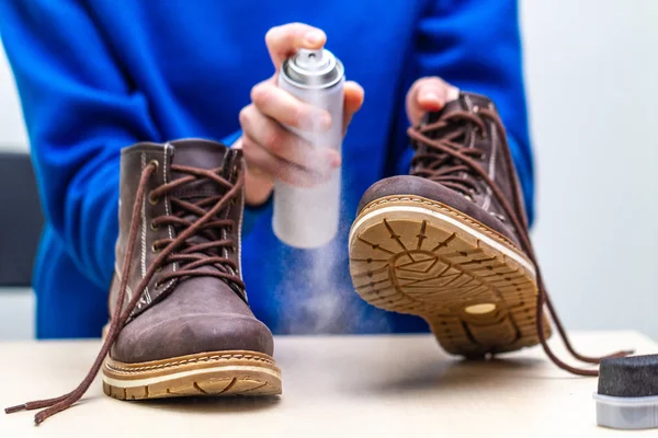 Person Cleaning Spraying Agent Men Suede Casual Boots Protection Moisture — Stock Photo, Image