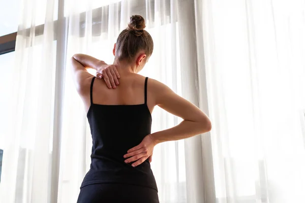 Young Woman Suffering Neck Pain Backache Stretching Muscles Home Back — Stock Photo, Image