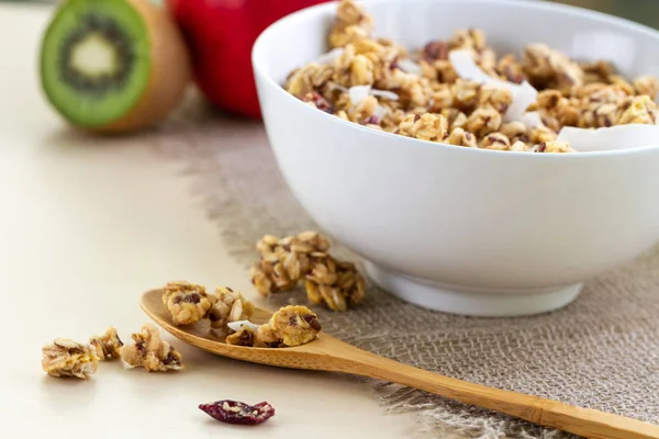 Droge Ontbijtgranen Krokante Honing Muesli Kom Met Lijnzaad Veenbessen Kokos — Stockfoto