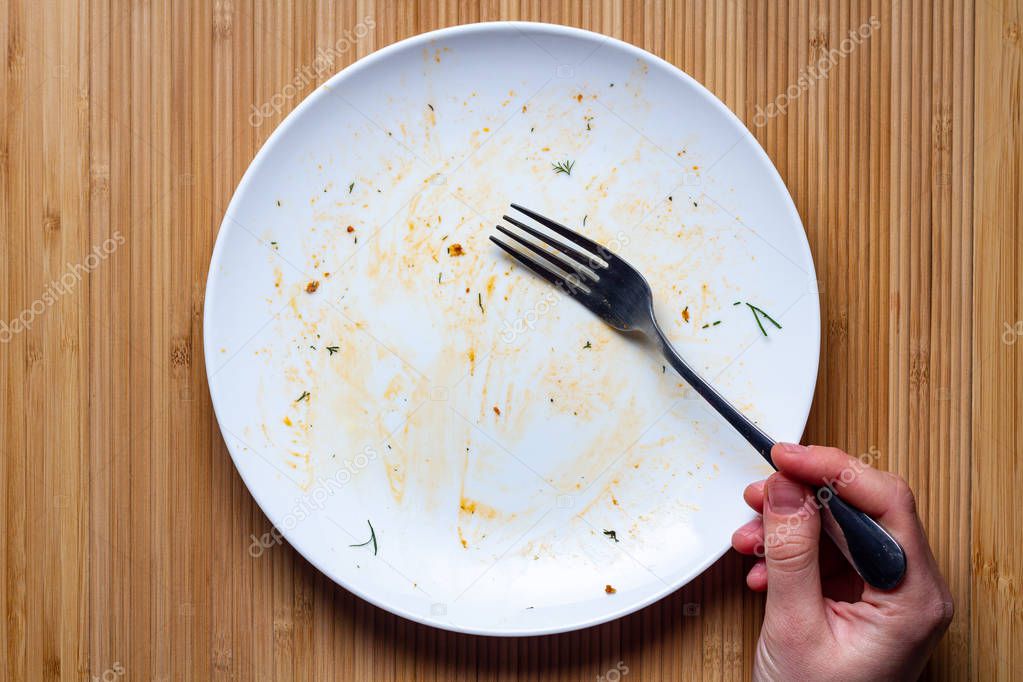 Empty plate with crumbs, leftover food and a fork after a meal