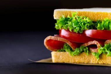 Jambon ve taze sebze ile Sandviç karanlık arka plan üzerinde yakın. Kopyalama alanı 