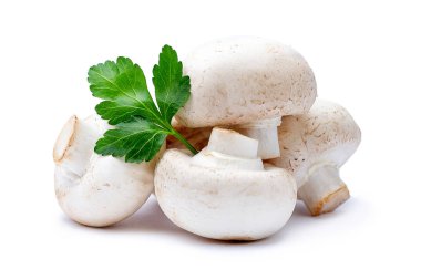 Beyaz arka plan üzerinde taze maydanoz ile izole champignon mantar 
