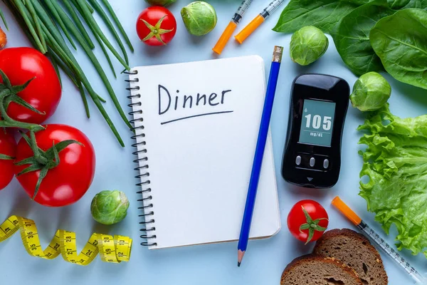 Diabetes concept. Balanced, clean fiber food for healthy lifestyle of diabetic patient. Diabetes diet plan. Monitoring glucose levels. Copy space. Control diary