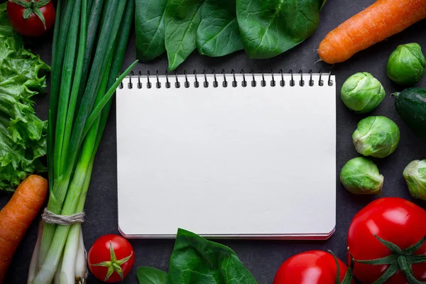 Livro de receitas em branco e ingredientes maduros para cozinhar fresco saudável — Fotografia de Stock