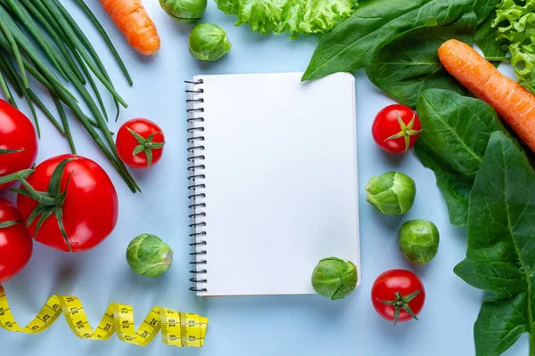 Concepto de dieta. Verduras maduras y libro de recetas en blanco para cocinar — Foto de Stock