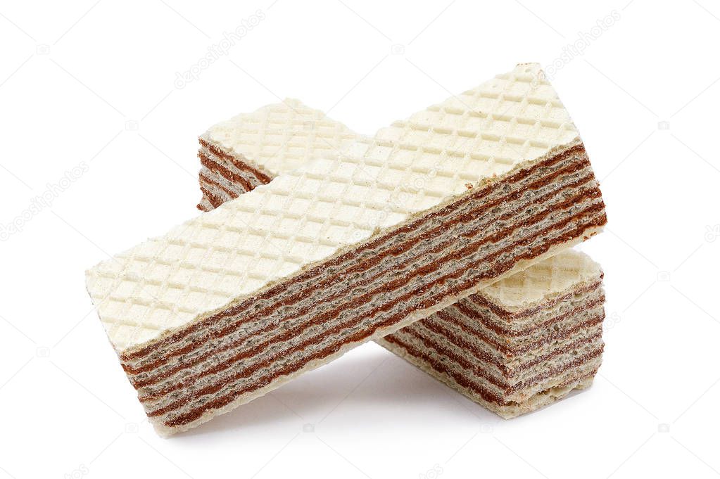 Isolated crunchy, chocolate nutty wafers on a white background. 