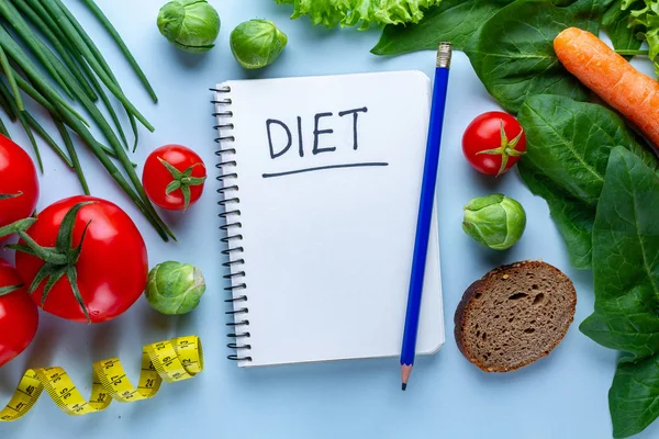 Diet and nutrition concept. Vegetables for cooking healthy dishes. Clean balanced food. Fitness, fiber eating and eat right. Copy space. Diet plan and control diary