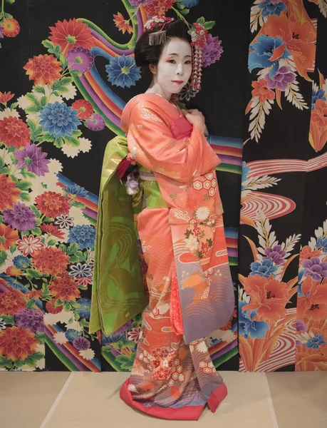 畳の上の伝統的な花柄の背景の前でポーズ着物の舞妓さん — ストック写真