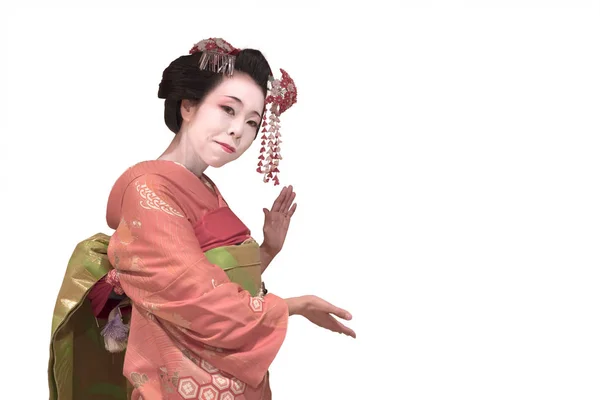 Clipping Japanese Geisha Maiko Girl Red Kimono Coifed Hair Brooch — Stock Photo, Image