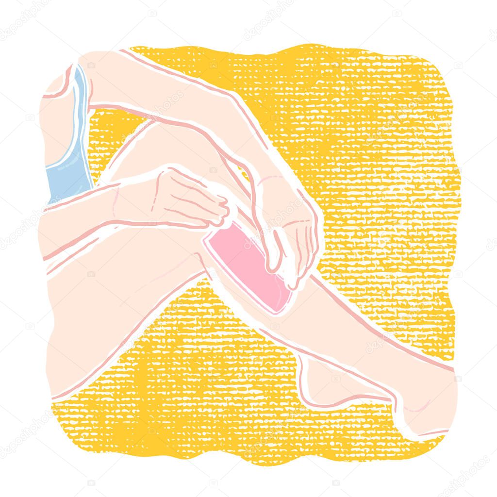 Vector path illustration of a young healthy slim woman who is waxing her legs by hand with a woven wipe, oil and wax.