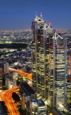 Park Hyatt Tokyo Tokyo Metropolitan hükümet binası binadan gece panoramik manzaralı.