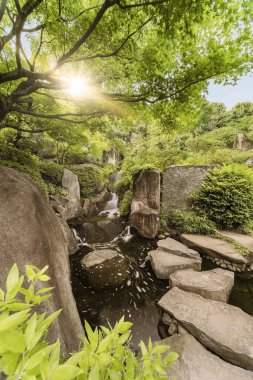 Bir yol üzerinden güneş ışınlarının geçmek momiji yeşillik altında büyük düz taş tarafından geçilen merkezi havuza akar Meijiro bahçe şelale. Su dört metre, bir sprey yükselterek almıştı. 3 ton WA