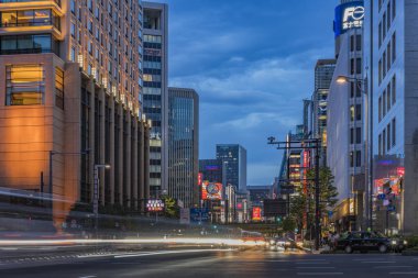 Hibiya Caddesi ve harun geçiş kesişim Chiyoda City Tokyo, Japonya Hibiya Parkı girişinde gece görünümü. 