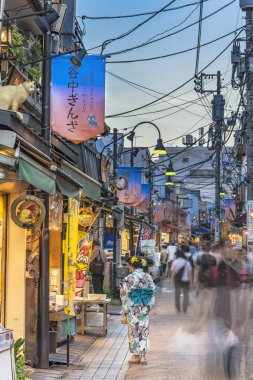 Tokyo, Japonya - 25 Ağustos 2019: Retro eski moda alışveriş caddesi Yanaka Ginza günbatımı için muhteşem bir yer ve ayrıca Akşam Köyü olarak adlandırıldı. Yanaka 'nın maskotu Sen adında bir kedi. Çatılara oymaları görülebiliyor..