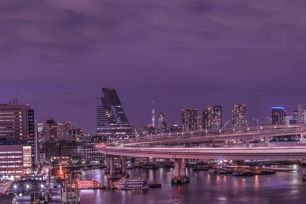 Purple Night Circular Highway Leading Rainbow Bridge Cargo Cruise Ships — Stock Photo, Image