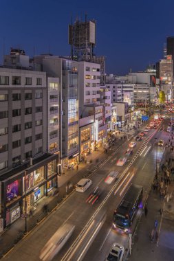 Tokyo, Japonya - 15 Mart 2019: Japon gençlik kültürü modasının kuşların bakış açısı Harajuku Laforet 'in kesişiminde geceleri Japonya' nın başkenti Tokyo 'da Champ-lyses.
