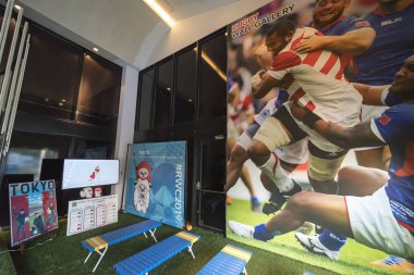 Tokyo, Japonya - 22 Mayıs 2019: Japonya'da düzenlenecek olan 2019 Rugby Dünya Kupası için tanıtım etkinliği