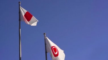 Japonya ve mavi gökyüzü altında yüzen naha şehrin iki bayrak yavaş hareket video