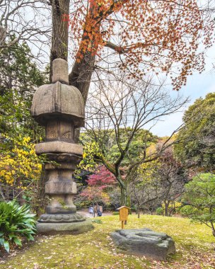 Tokyo, Japonya - 08 Aralık 2019: Tokyo Büyükşehir Parkı Kyufurukawa 'nın Japon bahçesi Nuresagigata taş feneri Sonbaharda kırmızı akçaağaç momiji yaprakları ile çevrili.
