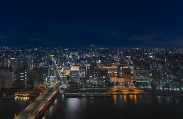 Flyg Nocturn Panoramautsikt Över Azumabashi Bron Sumida Floden Som Leder — Stockfoto