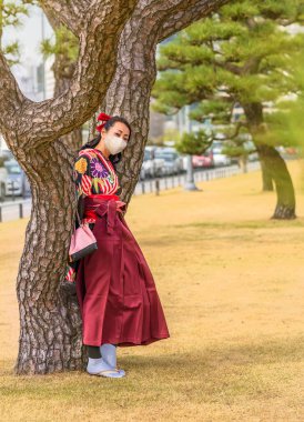 Japon kadın hakama kimonosu giymiş ve yüz maskesi takmış Tokyo İmparatorluk Sarayı 'nda bir çam ağacının gövdesine yaslanmış..