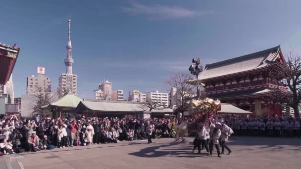 Statyczne wideo festiwalu tańca złotego smoka w świątyni Sensoji w Asakusa. — Wideo stockowe