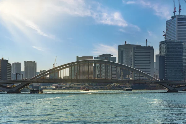 Water Buses Sailing Sumida River Arch Bridge Tsukiji Ohashi Crossed — Stock Photo, Image