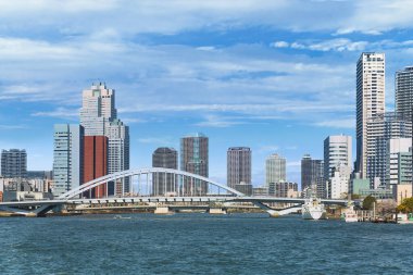 Tsukiji Ohashi 'nin Tokyo körfezinin demirli tekneleriyle Sumida nehri üzerindeki kemer köprüsü ve arka planda Tsukiji ve Kachidoki bölgesinin gökdelenleri..