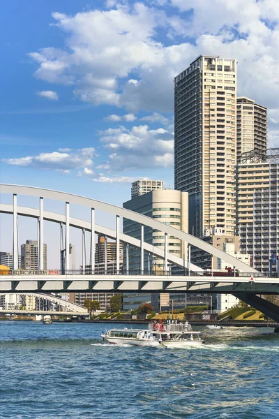 Water Buses Sailing Sumida River Arch Bridge Tsukiji Ohashi Crossed — Stock Photo, Image