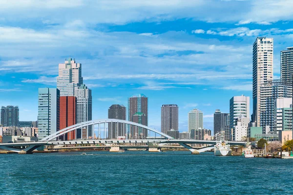 Arch Bridge Tsukiji Ohashi Sumida River Moored Boats Tokyo Bay — Stock Photo, Image