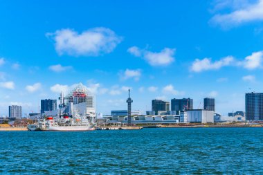Tokyo Körfezi 'ndeki Harumi Yolcu Terminali ve Harumi Wharf' a demirlemiş bir gemi. Toyosu Toptan Balık Pazarı ve Toyosu Gururi Park BBBQ 'nun önünde..