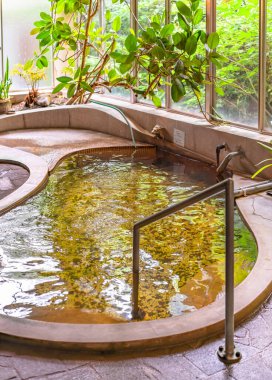 Chiba, Japonya - 18 Temmuz 2020: Kayalar, yeşil bitkiler ve büyük cam pencerelerle çevrili geleneksel Japon ev içi kaplıcasının içi.