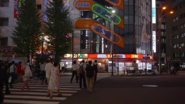 Tilt-up Video der ikonischen Videospielarkaden SEGA Akihabara 2. Gebäude in Tokio. — Stockvideo