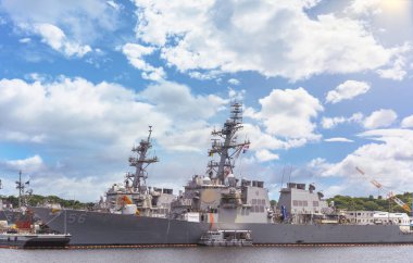 yokosuka, japan - july 19 2020: Close-up on the American Arleigh Burke-class destroyer USS John S. McCain DDG-56 of United States Navy berthed in the Japanese Yokosuka naval base.