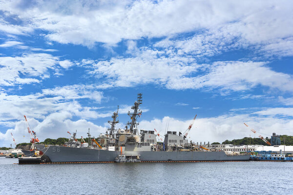 yokosuka, japan - july 19 2020: Wide angle view of the American Arleigh Burke-class destroyer USS John S. McCain DDG-56 of United States Navy berthed in the Japanese Yokosuka naval base.