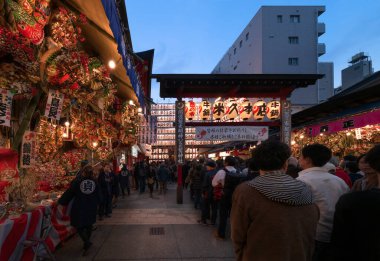 asakusa, Japonya - Kasım 08 2019: İnsanlar, Tori-no-Ichi Fuarı 'ndan hayırlı tırmıklar satın almak için gece süslenmiş Ootori türbesine girmek için sıraya giriyorlar..