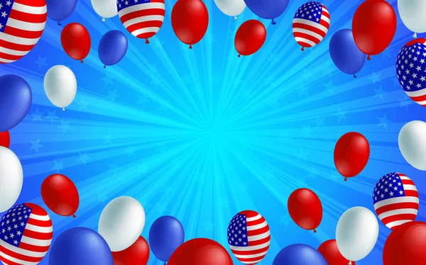青バースト背景ポスター フライヤー バナー アメリカの国旗バルーン ベクター デザイン 休日の祭典概念テンプレート — ストックベクタ
