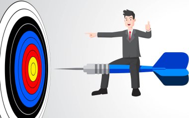 Dart hedef dart ateş üzerinde iş adamı. Hedef iş pazarlama kavramı. Beyaz arka plan üzerinde vektör düz stil karikatür çizim.