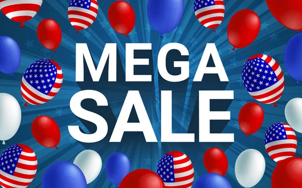 Mega Försäljning Affisch Flyer Banner Vektorillustration Amerikanska Flaggan Ballongen Blå — Stock vektor