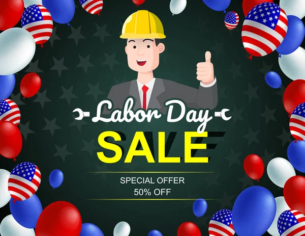Labor Day Sale Poster Mit Spezialarbeiterfigur Und Amerikanischem Flaggenballon Design — Stockvektor