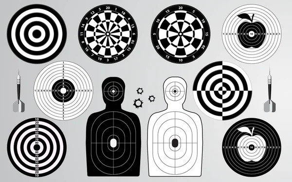 Set of target, shooting range, dartboard, man isolated, archery for sport practice training. Creative silhouette vector illustration.