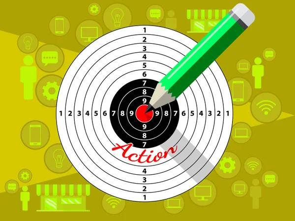 目标飞镖和铅笔模板设计的商业战略 射击目标市场成功解决方案的概念 黄色背景上的矢量平面样式插图 — 图库矢量图片