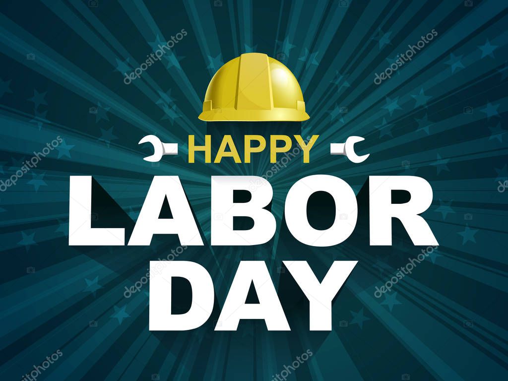 Happy Labor day poster flyer banner vector illustration. Yellow Safty helmet on burst background design. Labor day celebration concept advertising.