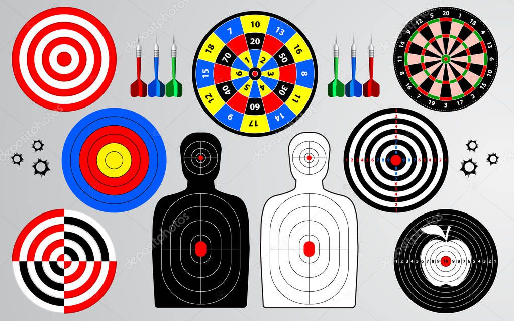 Set of target, shooting range, dartboard, man isolated, archery for sport practice training. Creative vector illustration.