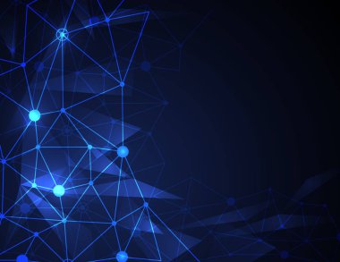 Koyu mavi zemin üzerine soyut fütüristik molekül. Yaratıcı tasarım vektör çizim dijital teknoloji kavramı.